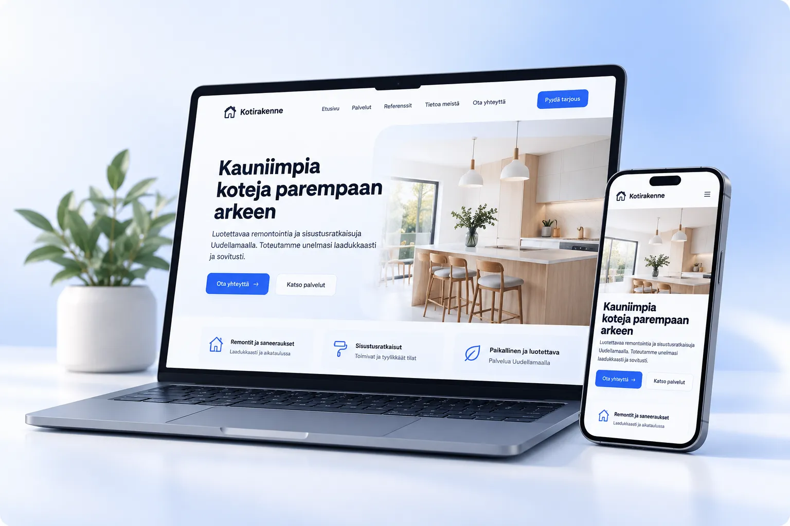 Esimerkki Tako WebDesignin tekemästä yrityksen kotisivusta kannettavalla tietokoneella ja puhelimella