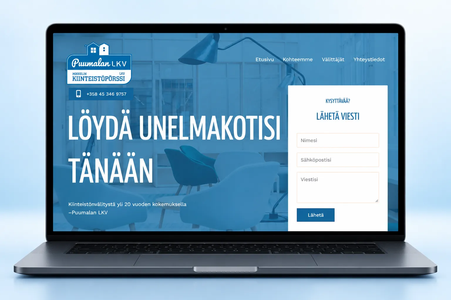 Puumalan LKV:n kotisivun etusivu kannettavan tietokoneen näytöllä